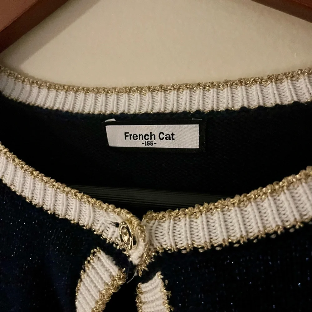 French Cat Sparkle Blue Button Cardigan Sweater Gold Trim Detailing Large